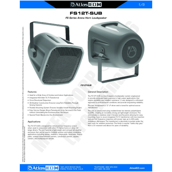 Atlas Sound FS12T-SUB - 12" subwoofer tubowy - obrazek 2